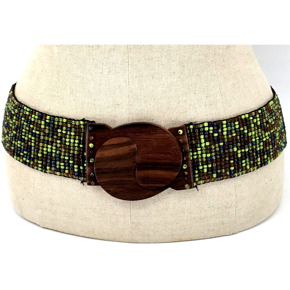 Bohemian Beaded Wide Belt Wood Interlocking Buckle Green Earthy